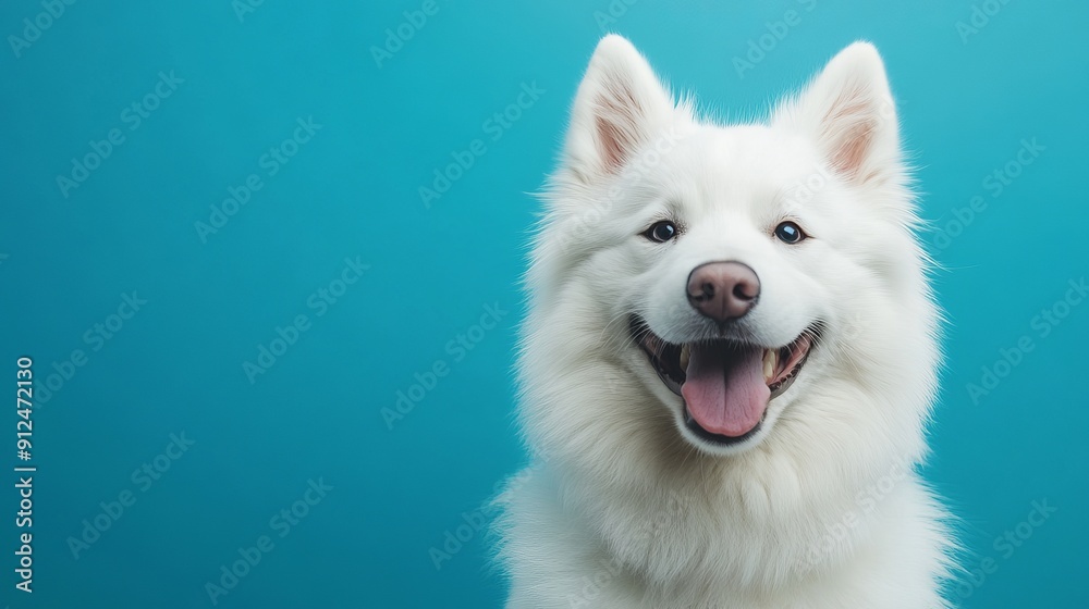 Fototapeta premium Happy Samoyed Dog Smiling Against a Bright Blue Background