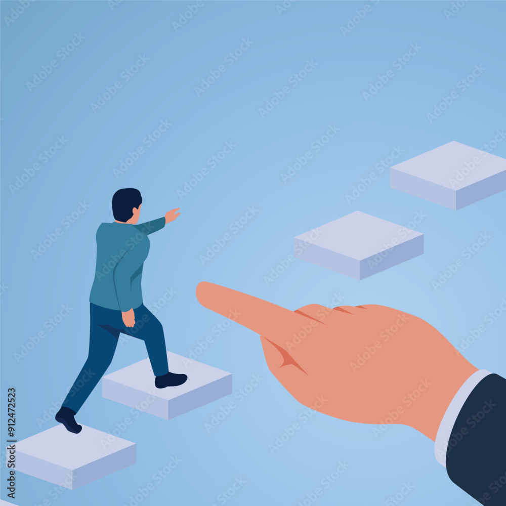 A man climbs a broken beam in the middle of the road and gets help from a finger, an illustration of business support. A man climbs a broken beam in the middle of the road and gets help from a finger, an illustration of business support.