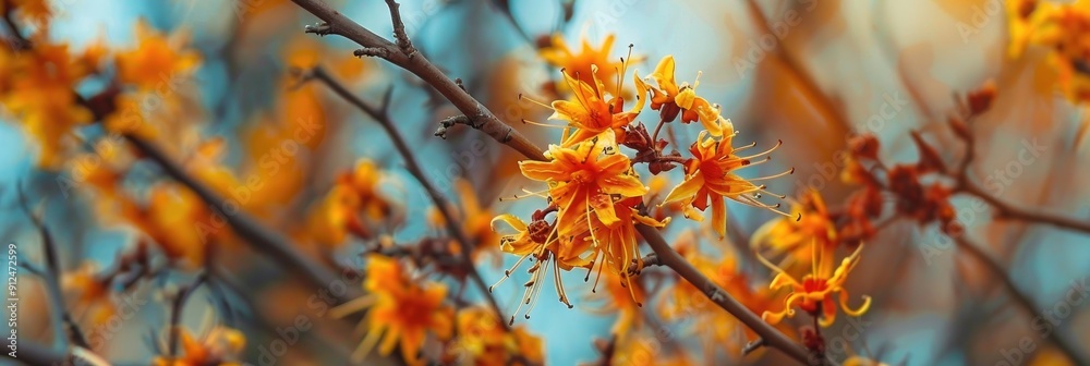 Orange Hamamelis intermedia Aphrodite commonly known as witch hazel blooming in a garden Orange Hamamelis intermedia Aphrodite commonly known as witch hazel blooming in a garden