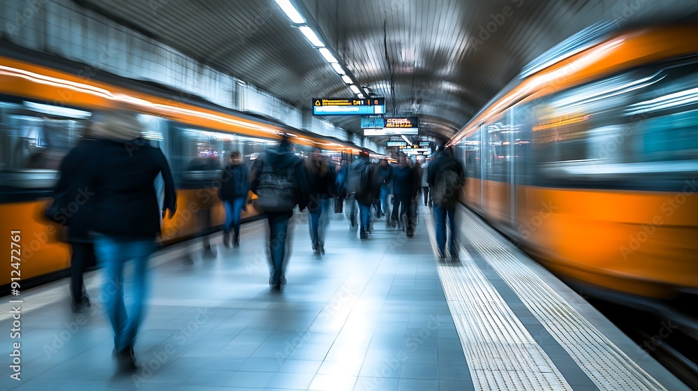 Obraz premium Busy subway station in motion blur during rush hour, contrasting stillness and movement
