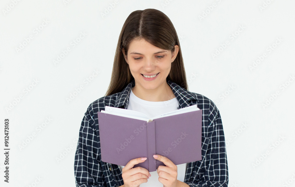 Photo of optimistic cute long hairdo lady reading book wear spectacles blue shirt isolated on white color background Photo of optimistic cute long hairdo lady reading book wear spectacles blue shirt isolated on white color background