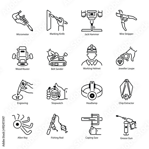 Pack of Hand Tools and Instruments Line Icons


