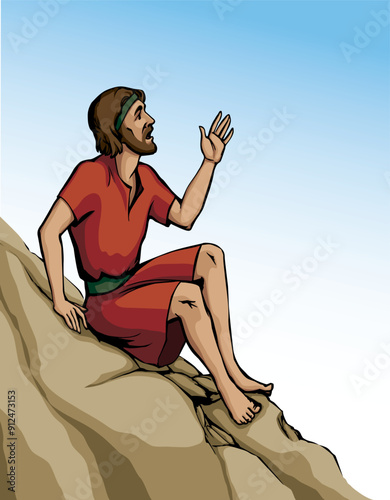 Vector drawing. Man sitting on the rock