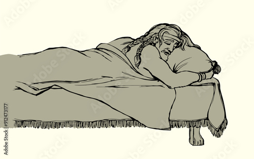 Vector drawing. Man sleeping on the bed