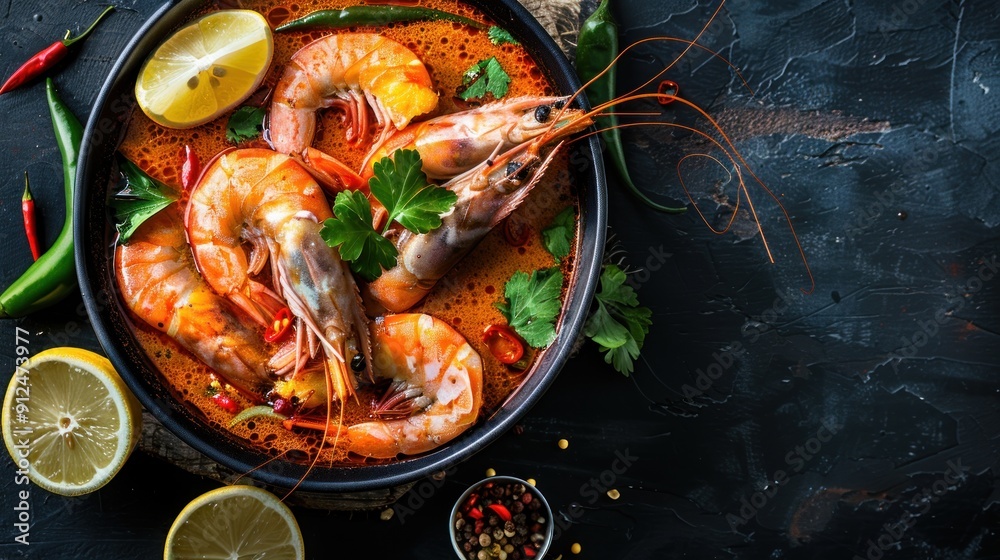 Close-up of Tom Yum Soup with Prawns, Lemon, and Chili Peppers
