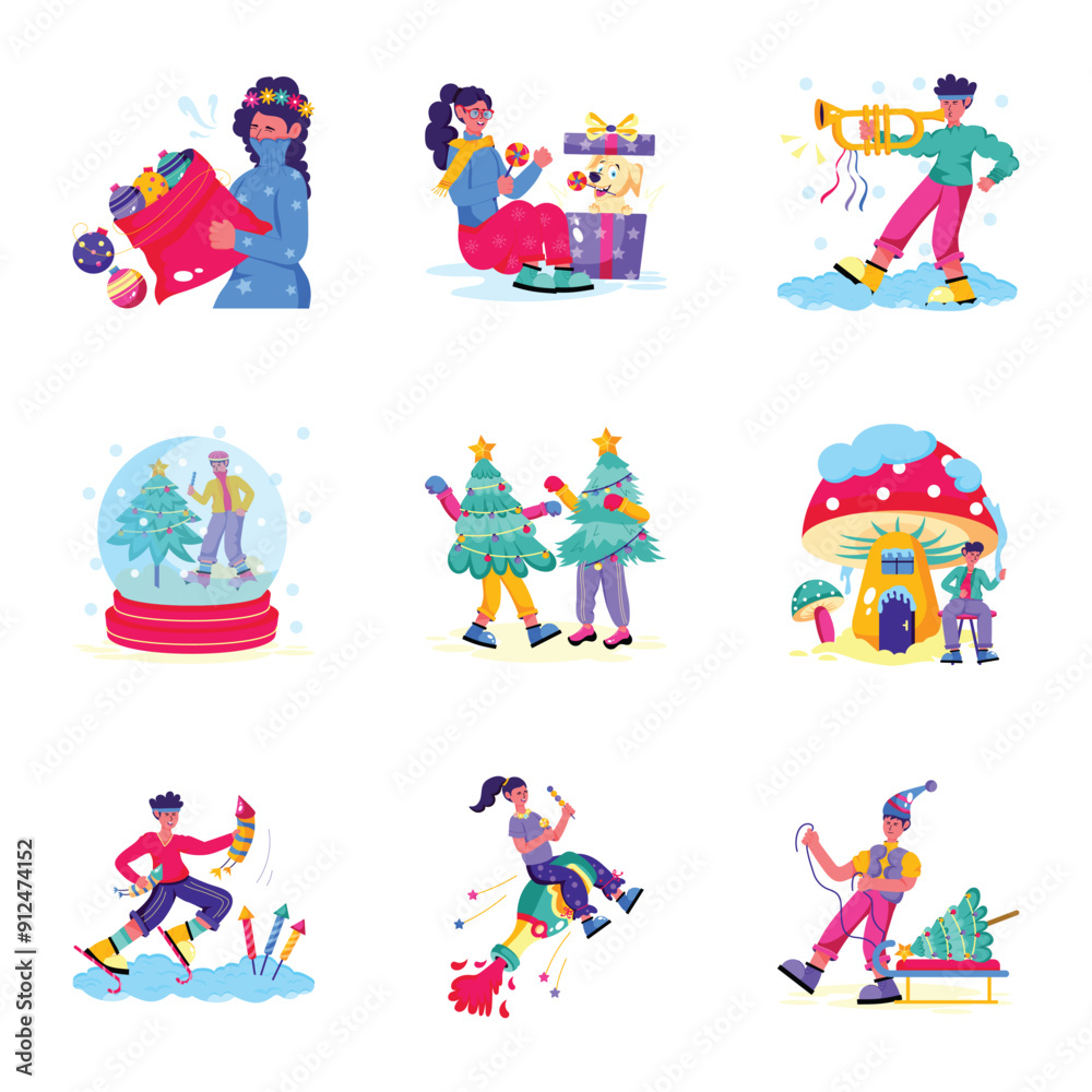 Fototapeta premium Pack of Christmas Celebration Flat Illustrations