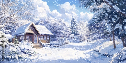 Winter's Enchanted Haven: A High-Definition Hand-Drawn Illustration of Nature's Tranquility in a Snowy Refuge, Welcoming the Season's Spell with Uniqueness and the Warmth of a Hearth in Anime Style. photo