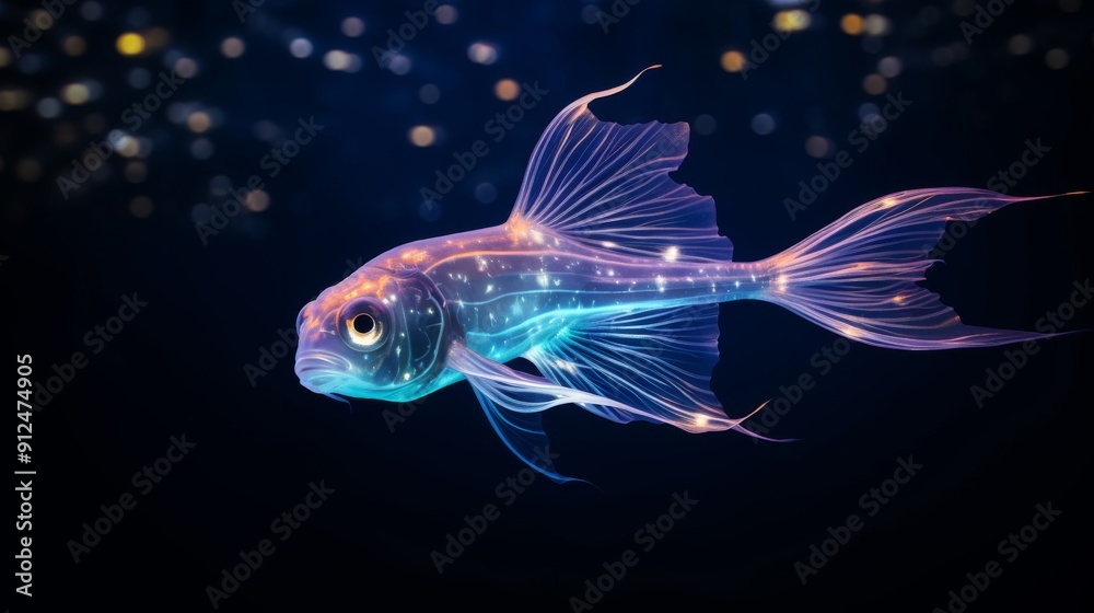 Oceanic bioluminescent fish swimming scene