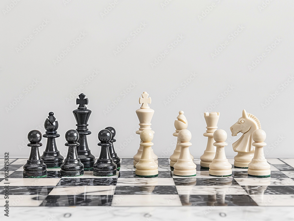 Classic Chess Game Setup With Black and White Pieces on Marble Board Classic Chess Game Setup With Black and White Pieces on Marble Board