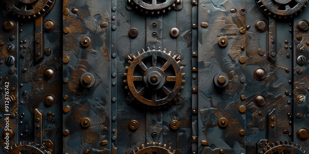 Steampunk metal panel with gears and rivets. Steampunk metal panel with gears and rivets.