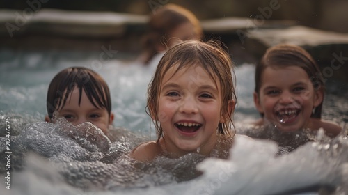 Children having fun playing together in hot tub photo