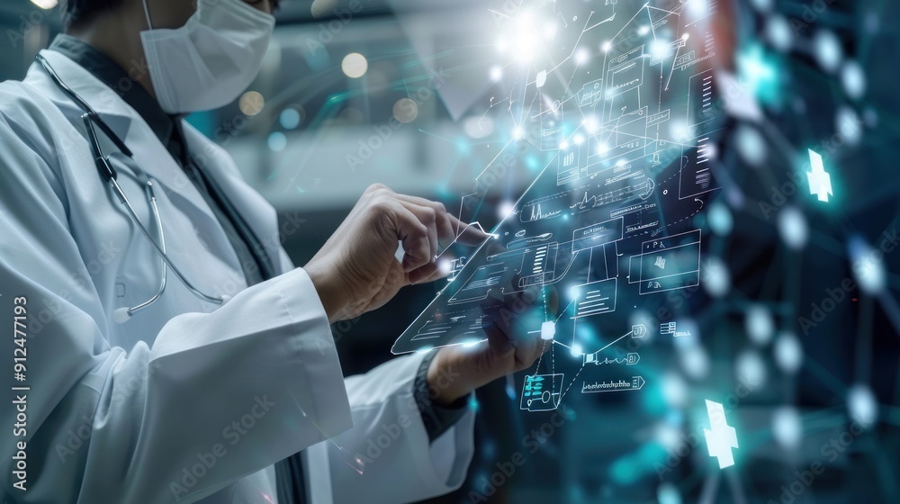 Doctor in White Coat Using a Tablet with Medical Data Hologram Doctor in White Coat Using a Tablet with Medical Data Hologram