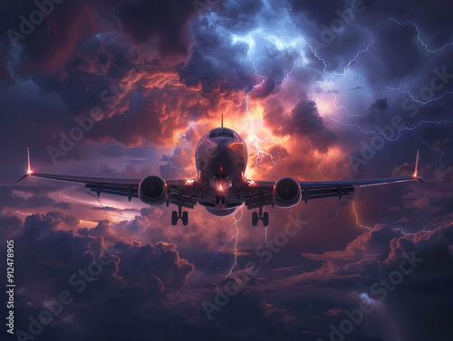 Airplane Flying Through Dramatic Stormy Clouds With Lightning at Sunset