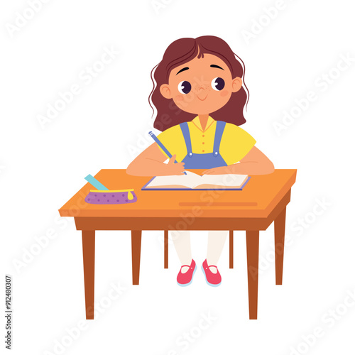 Girl Character at School at Desk Have Lesson Vector Illustration