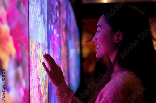 A woman engages with vibrant digital displays, illuminating her fascination in a contemporary art environment