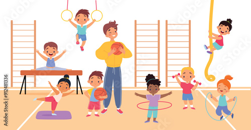 Children Trainer Teach Sport Lesson with Little Kids Vector Illustration