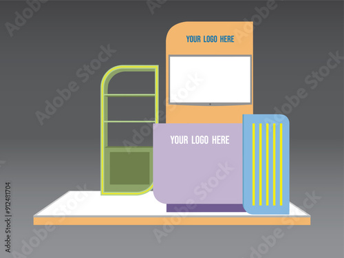 3d illustration stand booth 3x2m with table receptionist rack display and blank LED TV screen for logo company for event exhibition. Vector sketch outline drawing coloring editable isolated.