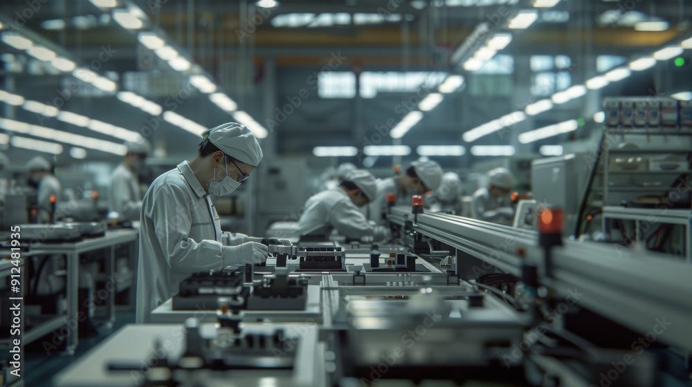 Fototapeta premium Focused Factory Workers in High-Tech Production Facility. Worker's day, Labour Day.