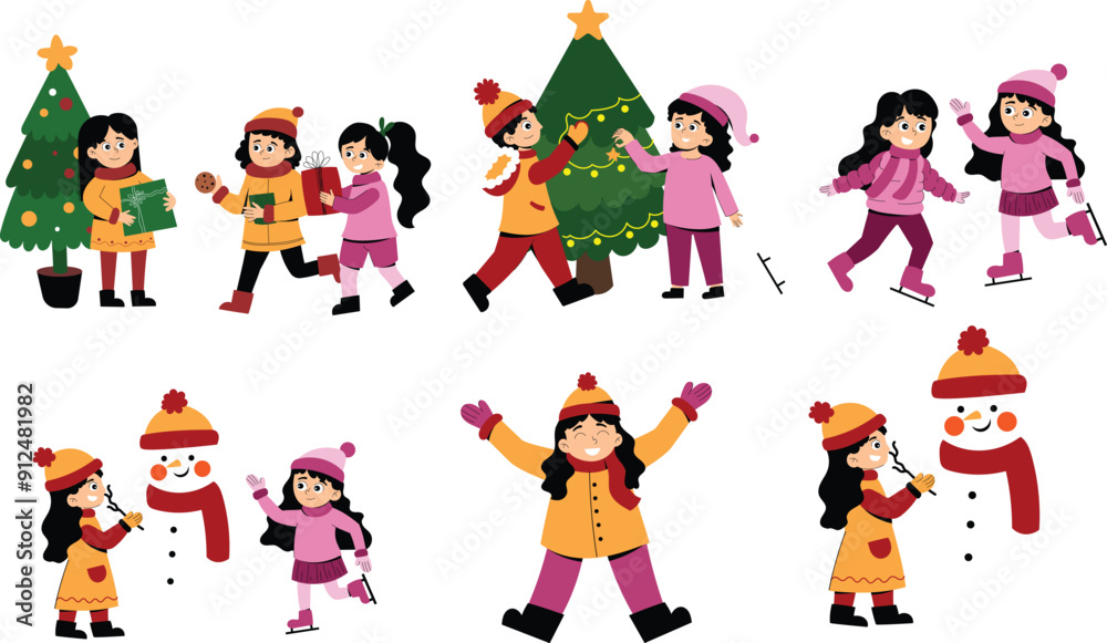 a series of animated children with a christmas tree and a snowman.