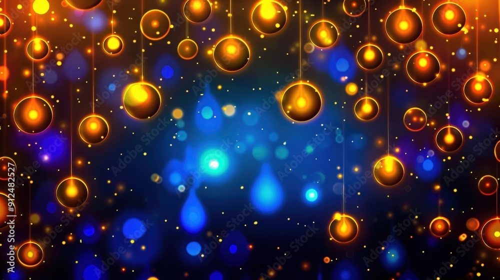 Abstract Blue Background with Sparkling Glitter and Golden Bokeh Lights