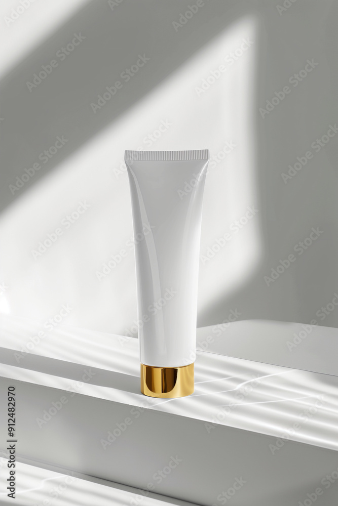 The elegant white plastic tube with golden cap, standing upright on a white surface with soft light shadows, beauty product concept The elegant white plastic tube with golden cap, standing upright on a white surface with soft light shadows, beauty product concept