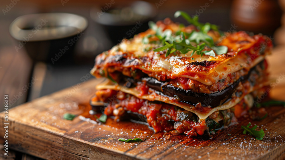 Delicious vegetarian lasagna with eggplant and arugula on a wooden cutting board is ready to be eaten Delicious vegetarian lasagna with eggplant and arugula on a wooden cutting board is ready to be eaten