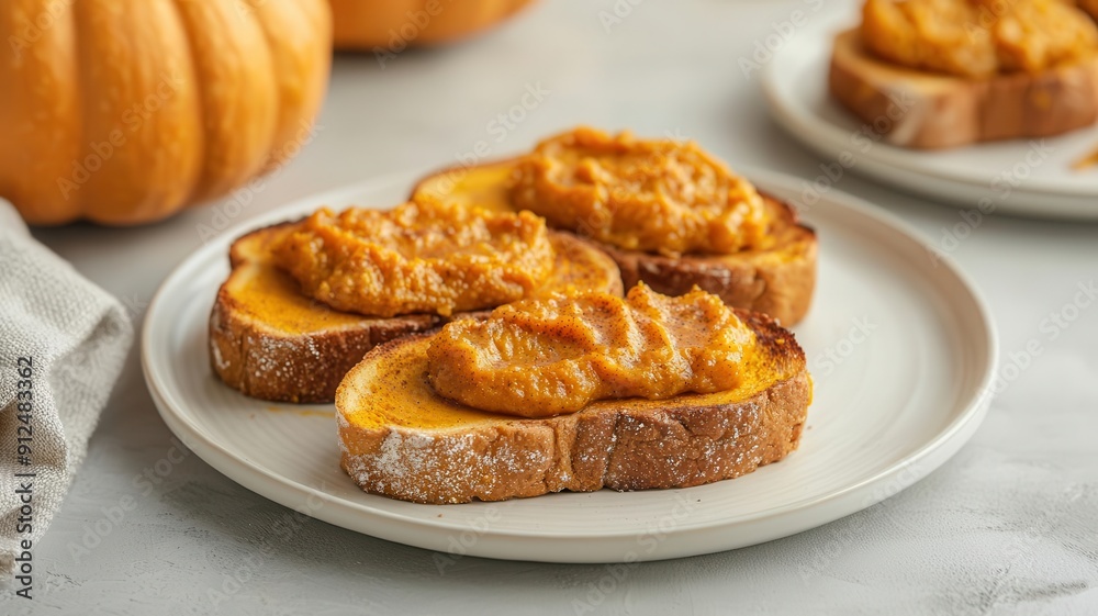 Artisan toast topped with pumpkin puree and cinnamon, Halloween breakfast delight, and seasonal flavors Artisan toast topped with pumpkin puree and cinnamon, Halloween breakfast delight, and seasonal flavors