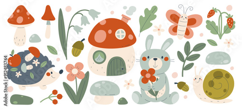 Cute forest animals and insects characters with flowers bloom, berries, mushrooms natural set