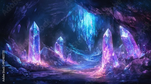 Enchanted Crystal Cave with Glowing Gemstones and Hidden Treasure in Vibrant Watercolor Style