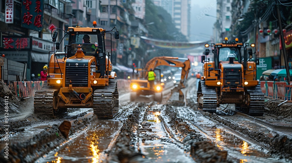 A photograph of bulldozers and excavators in action with workers directing, taken from a low angle, showcasing the massive machinery and the precision required. A photograph of bulldozers and excavators in action with workers directing, taken from a low angle, showcasing the massive machinery and the precision required.