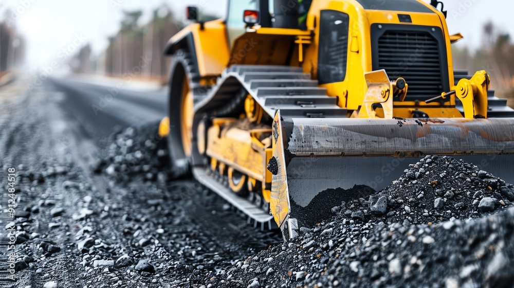 Bulldozer pushing gravel for a new road, infrastructure project Strong and rugged, effective and durable, road construction