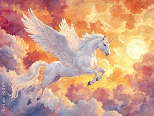 Majestic winged pegasus soaring gracefully above wispy clouds set against a vibrant sunset sky with warm hues in a serene watercolor inspired digital photo