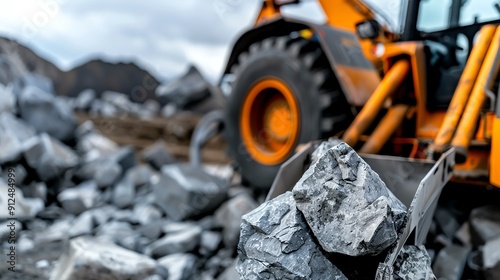 Loader moving rocks for a hiking trail construction, recreational project Heavyduty and robust, efficient and reliable, outdoor development photo