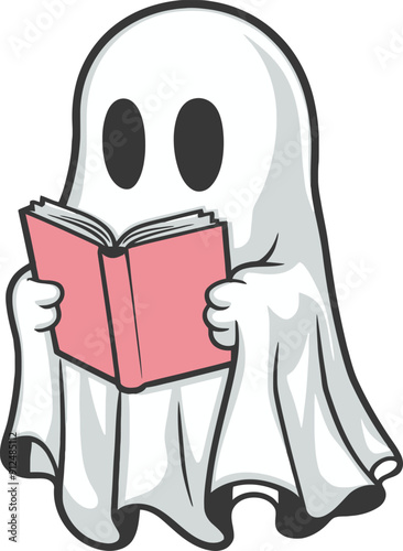 cartoon ghost reading book illustration