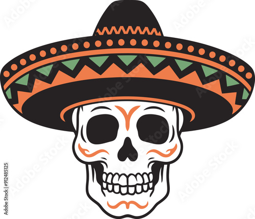 day of the dead skull wearing a colorful sombrero vector illustration