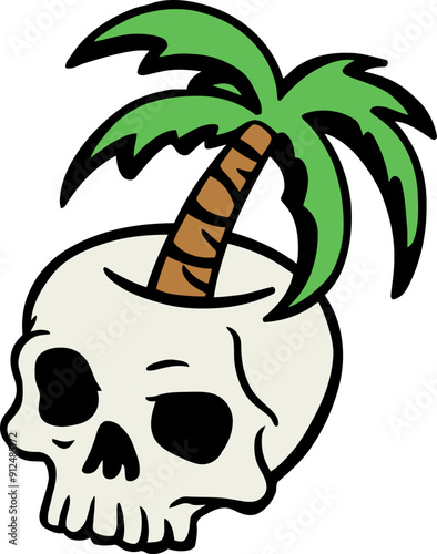 retro skull with a palm tree growing out of its top vector illustration