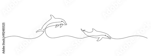 One continuous line drawing of couple of dolphin. Sea animal in wildlife in simple linear style. Summer concept in Editable stroke. Doodle vector illustration