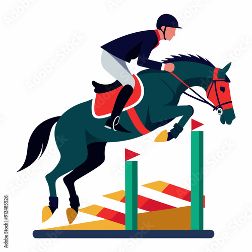Jockey on Horse High Jump Vector Illustration - Cartoon Clipart Line Art
