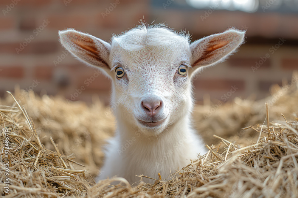Fototapeta premium A curious goat exploring a pile of hay, with playful energy and enthusiasm,