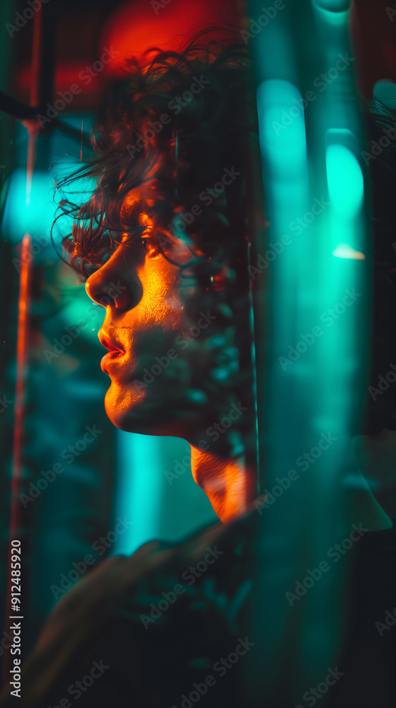 Portrait of man in dramatic neon lighting