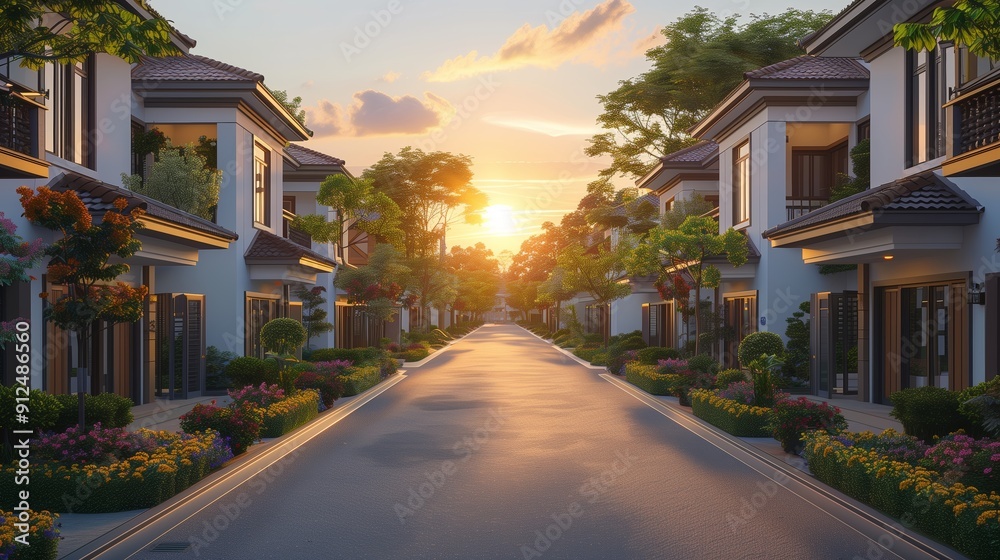 Beautiful Sunset Over Serene Residential Street Surrounded by Colorful Flower Gardens Beautiful Sunset Over Serene Residential Street Surrounded by Colorful Flower Gardens