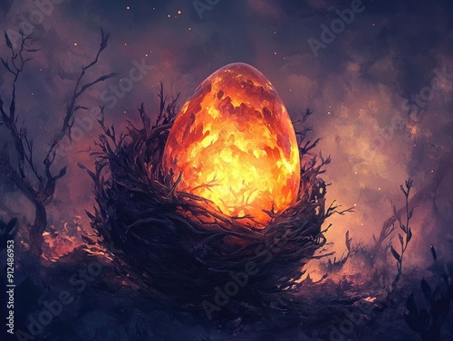 Enigmatic ancient dragon egg nestled in a glowing mystical watercolor style nest evoking a sense of primordial power cosmic wonder and the genesis of new life  This captivating photo