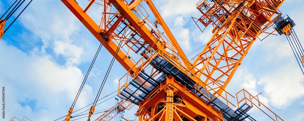 Tower crane lifting steel girders for a bridge, large infrastructure ...