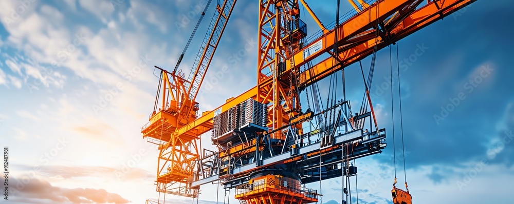 Tower crane lifting steel girders for a bridge, large infrastructure ...