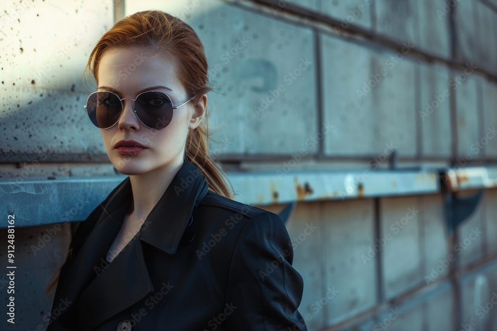 Serious young woman with red hair is posing in an urban setting, wearing sunglasses and a black coat