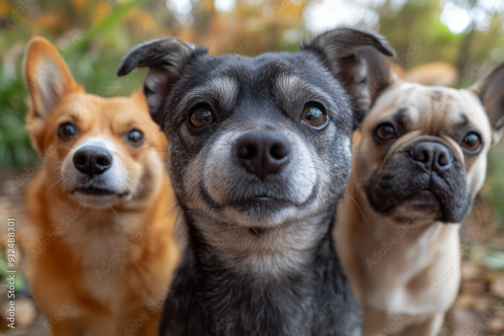 Obraz premium Macro shot of a Husky, Pug, Border Collie, and French Bulldog, all staring into the camera, capturing a fun selfie,