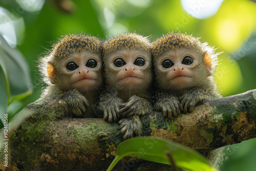 A family of pygmy marmosets playing in the branches, chattering happily, photo