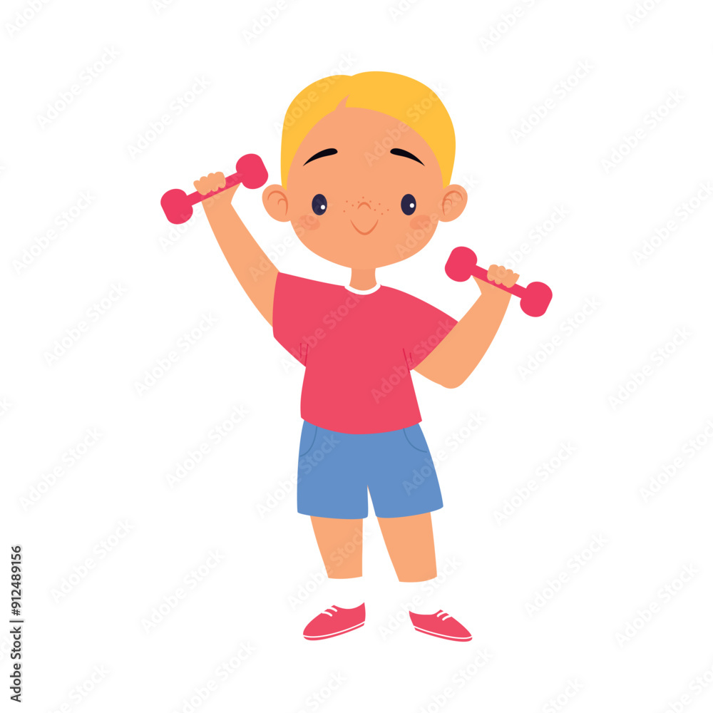 Boy Kid Lift Dumbbell at Sport Lesson Vector Illustration Boy Kid Lift Dumbbell at Sport Lesson Vector Illustration