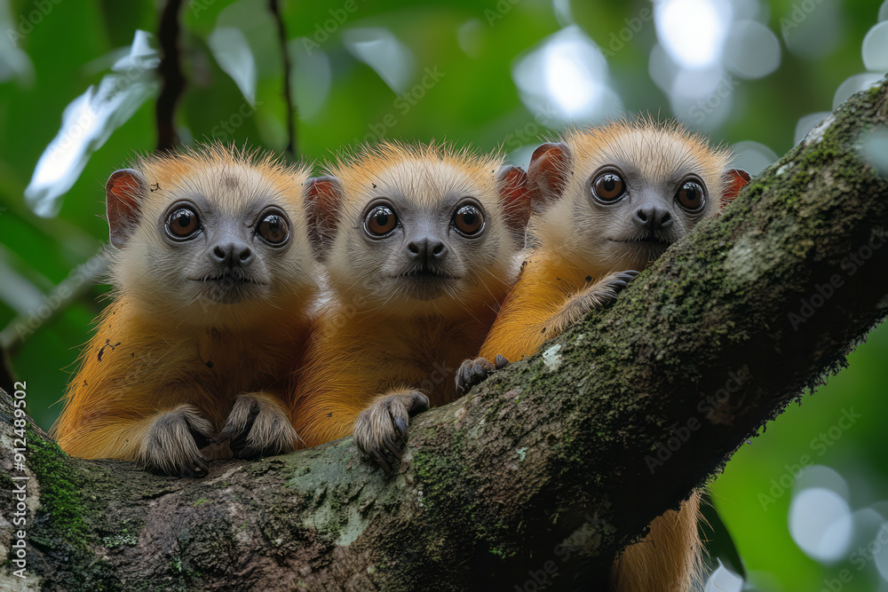 A family of tamanduas climbing a tree, using their prehensile tails to navigate the branches, A family of tamanduas climbing a tree, using their prehensile tails to navigate the branches,