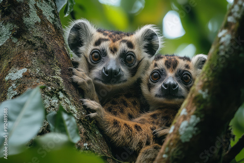 A family of tamanduas climbing a tree, using their prehensile tails to navigate the branches, photo